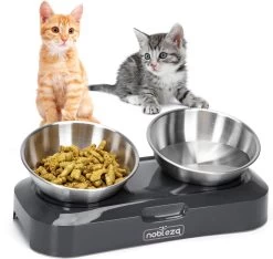 Nobleza Katten Voerbakjes - Ergonomische Dubbele Voerbak - Anti Braak Voerbak Voor Katten - Zwart - Dubbel - RVS