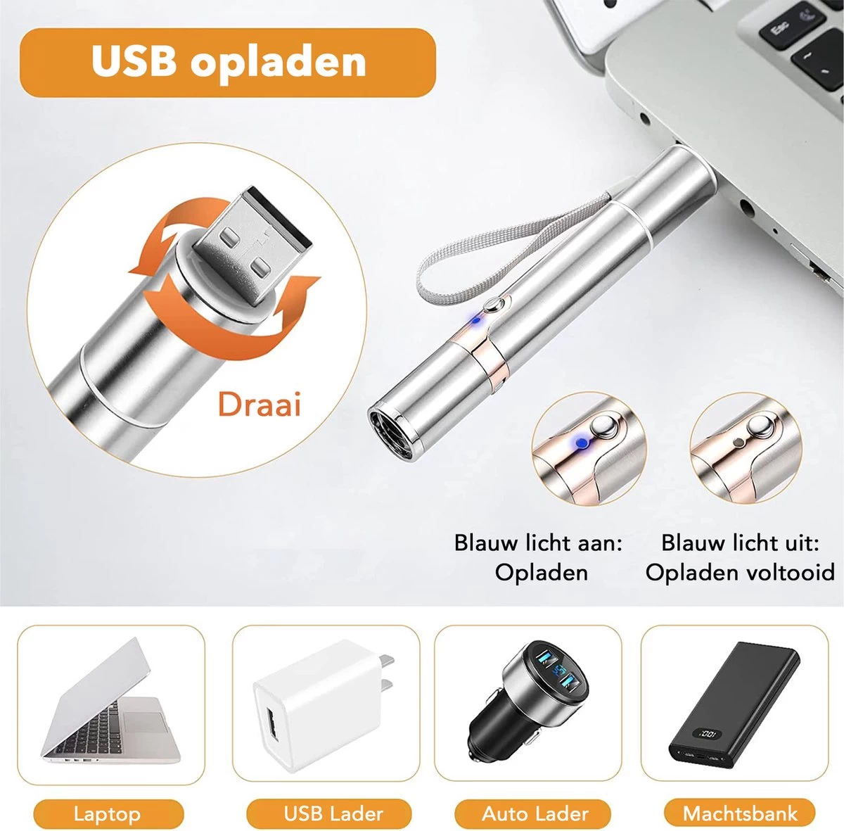 DOWO® - Laserpen - USB Oplaadbaar - Kattenspeeltjes - 7 Verschillende Standen - Laserlampje - RVS Zilver - Laser Pointer 9 DOWO® - Laserpen - USB Oplaadbaar - Kattenspeeltjes - 7 Verschillende Standen - Laserlampje - RVS Zilver - Laser Pointer - Afbeelding 7
