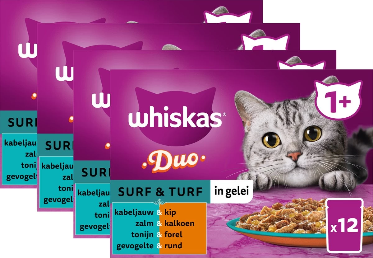 Whiskas 1+ Natvoer - Duo Surf & Turf - Selectie In Gelei - Maaltijdzakjes 48 X 85 G