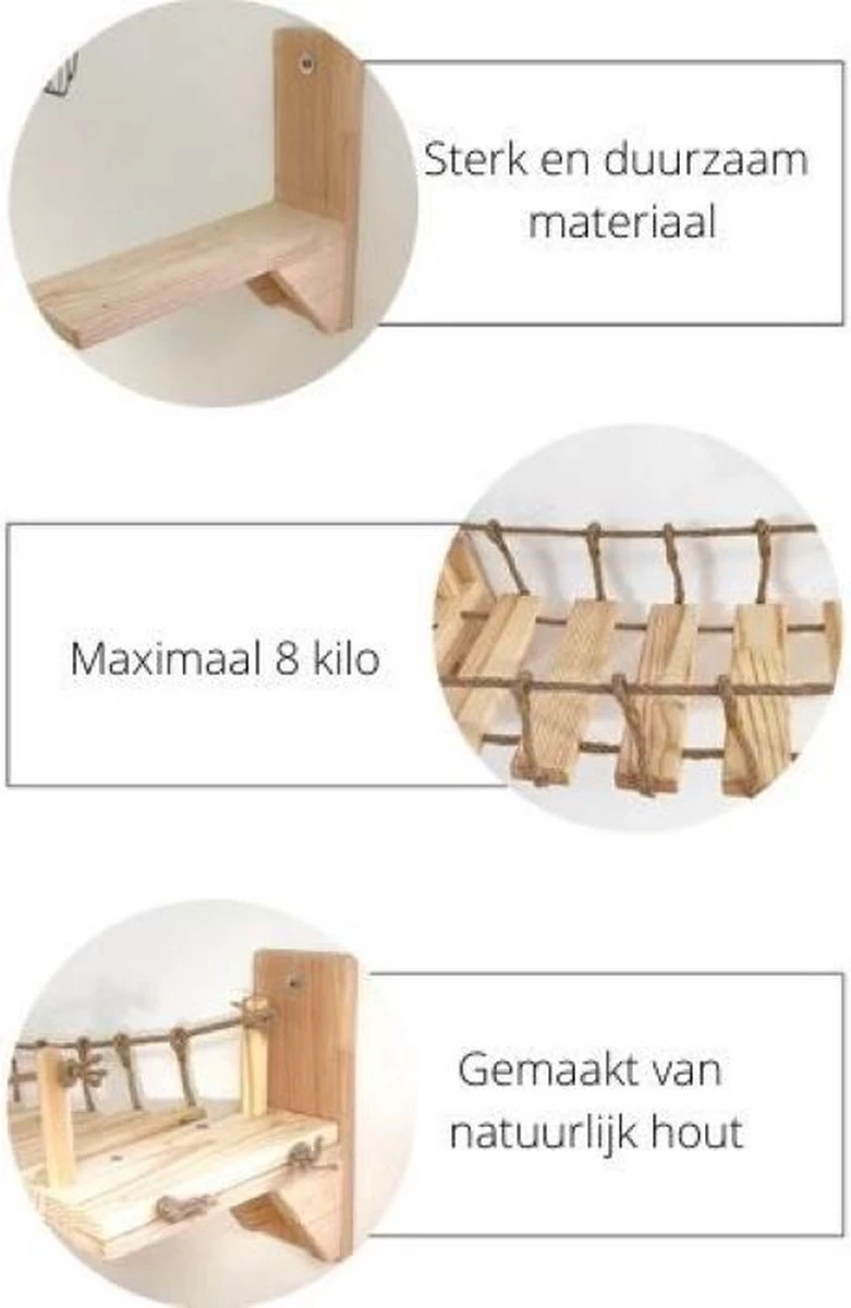 Be-Inspired® Houten Katten Brug – Katten Klimwand – Katten Klimmuur – Katten Muur – Katten Klim Plankjes – Huisdier – Hangmat – Wandmeubel Kat – Wandmontage – Duurzaam – 90 Cm 5 Be-Inspired® Houten Katten Brug – Katten Klimwand – Katten Klimmuur – Katten Muur – Katten Klim Plankjes – Huisdier – Hangmat – Wandmeubel Kat – Wandmontage – Duurzaam – 90 Cm - Afbeelding 3